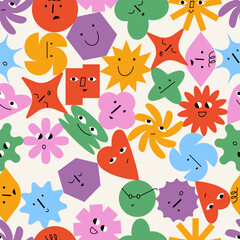 Geometric abstract comic faces with different emotions. Funny faces for business team avatar. Seamless pattern