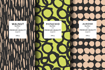 Vector set of templates contemporary abstract cover and patterns for chocolate and cocoa packaging with labels. Minimal modern backgrounds