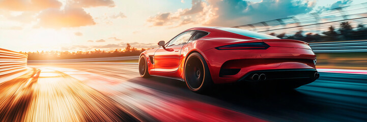 photo, sunset, A Red Sports Car Moving At High Speed On Racetrack. banner style