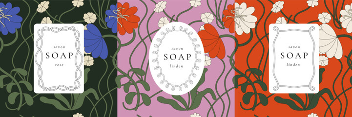 Vector set seamless patterns for cosmetics with label template design. Patterns or wrapping paper for package and beauty salons. Organic, natural cosmetic