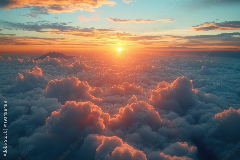 Poster a serene scene of sunset over clouds in the sky, perfect for use as a background or to represent a s