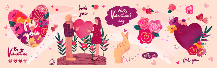 Festive banner for Valentine's Day. Horizontal poster with hand drawn flowers, heart, man and woman in love. Watercolor textures, quotes.