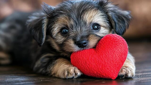 beautiful and cute puppy with a red heart..