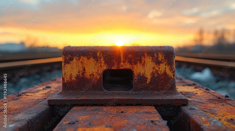 Poster close-up shot of a train track with a beautiful sunset in the background
