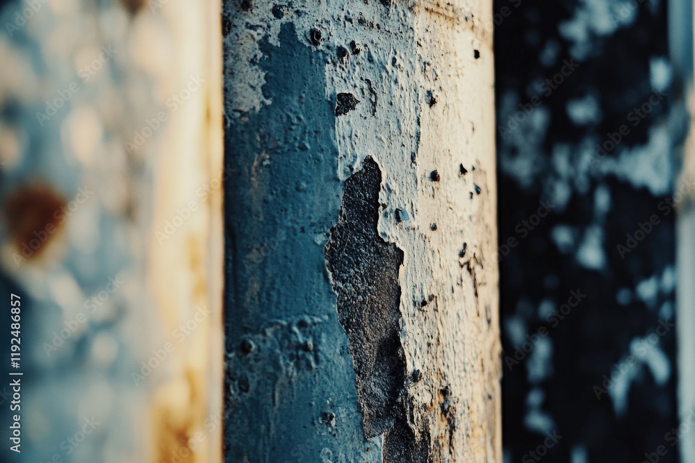 Poster a close-up shot of peeling paint on a wall, suitable for use in architecture or interior design proj