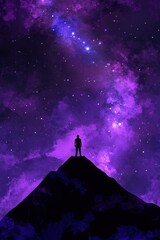 Silhouette of a man standing on a hilltop, gazing at a majestic galaxy filled with stars during twilight