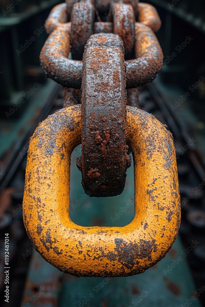 Poster close-up view of a chain lying on a train track, great for use in industrial or infrastructure-theme