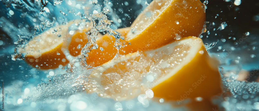 Poster refreshing sliced lemons with juicy pulp splashing in water