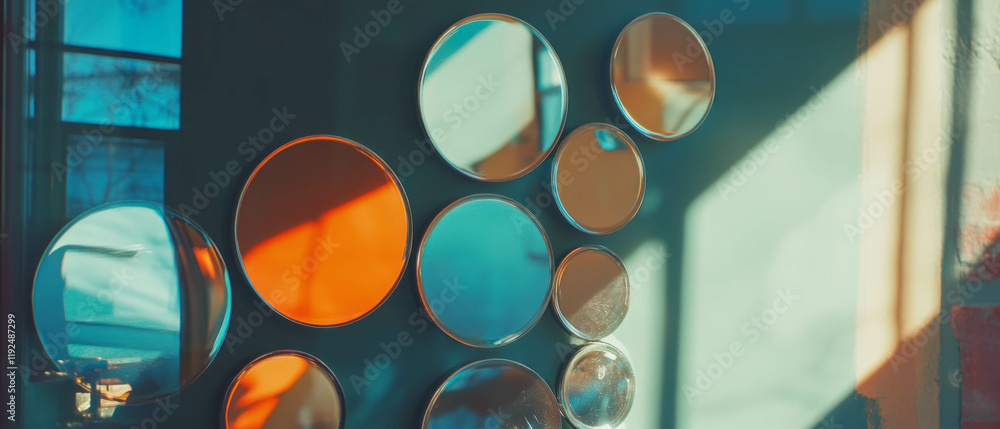 Poster reflective play of light with scattered round mirrors in a vibrant arrangement