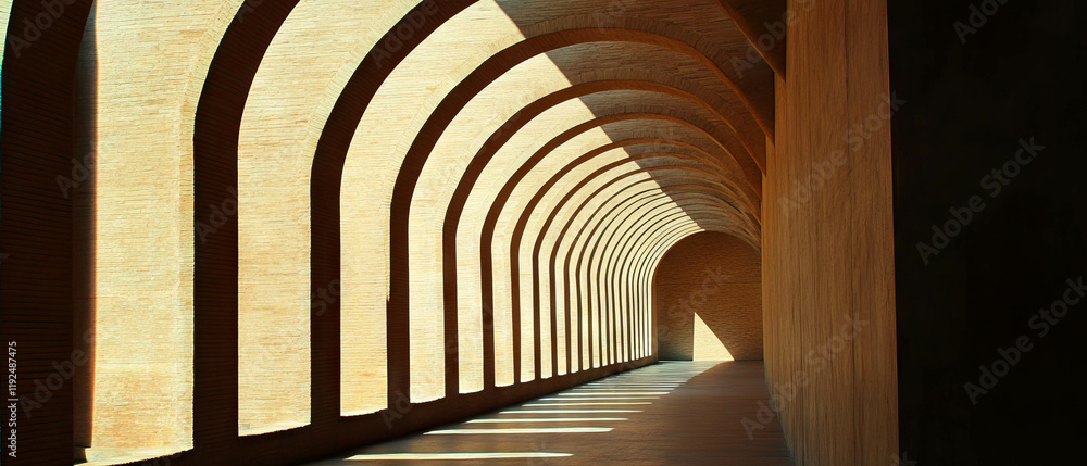Poster soaring arches create a serene hallway with curved lines and warm light