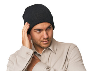 Close-up of a young man in a wool hat, showcasing winter fashion