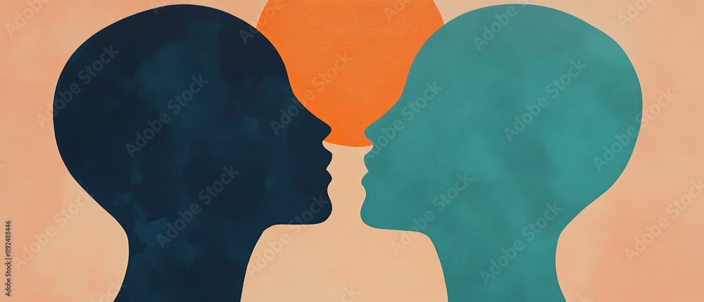 Poster silhouettes of two human heads facing each other against an abstract background symbolizing communic
