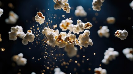 "Floating Popcorn Particles in Motion on a Black Background for Overlay"