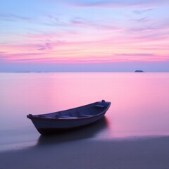 Fototapeta premium A tranquil sunset over a calm sea, featuring a solitary boat resting on the sandy shore, creating a serene and picturesque scene.