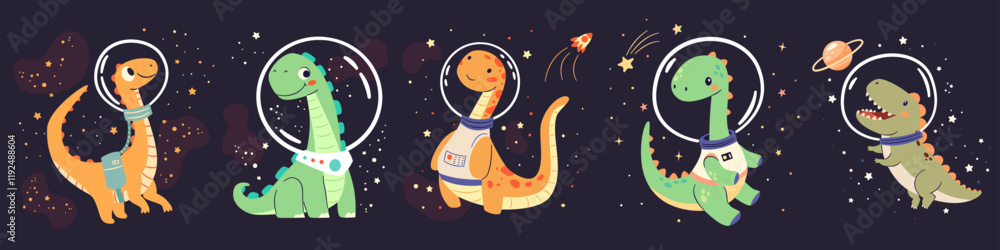 Canvas Prints set of flat vector illustrations in children's simple style. cute dinosaurs in spacesuits flying in 