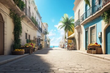 Fototapeta premium Vibrant street market scene coastal town digital art bright day eye-level view culture and lifestyle