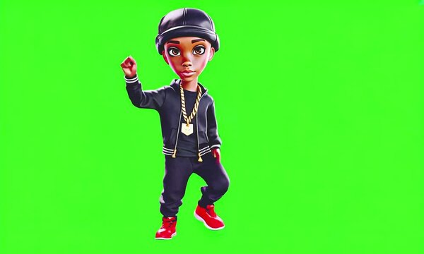Fashion rapper boy character dancing on green screen background.