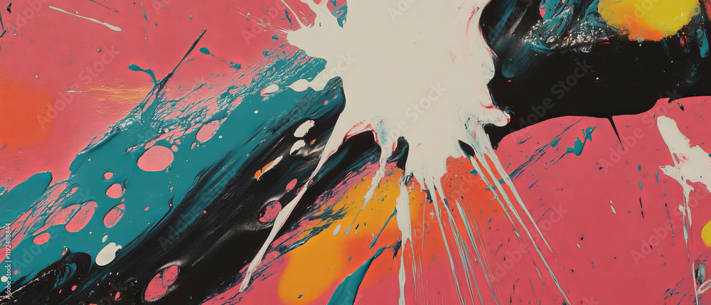 Poster dynamic splatter of paint and dripping ink captures punk action in vibrant colors