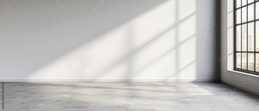 Poster a bright, minimalistic interior featuring a large window casting shadows on a clean, empty floor, cr