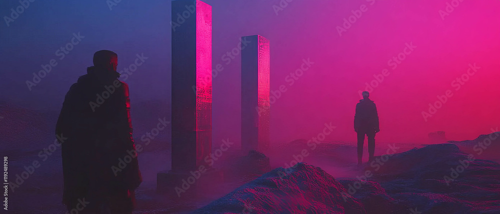 Aufkleber statues rise through vibrant neon fog creating a mysterious atmospheric effect in the night