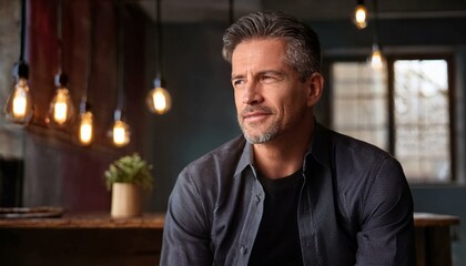 Middle aged 40 year old man looking to the side, indoors