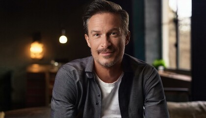 40 year old man looking at camera indoors