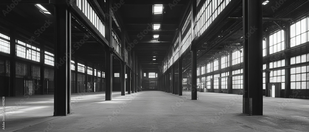 Poster steel beams and geometric shapes create strong industrial architecture in large space