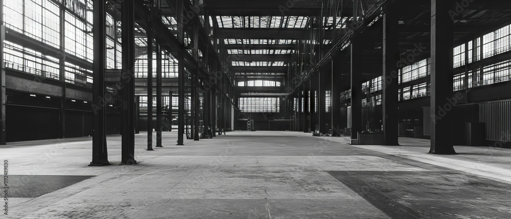 Poster steel beams and geometric shapes create strong industrial architecture in an expansive space