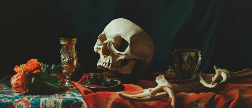 Still life arrangement featuring vintage objects and a skull on textured surfaces