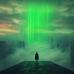 Obraz premium A mysterious figure standing amidst futuristic cityscape under green beams of light.