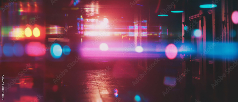 Poster Exploring nostalgic vibes through subtle light leaks and vibrant lens flares in a dimly lit corridor