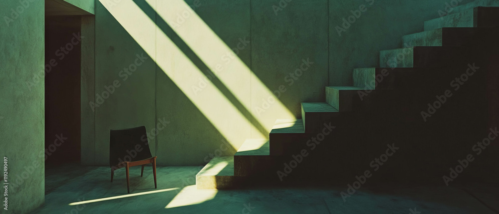 Poster minimalist interior with contrasting shadows and highlights showcasing depth and dimension