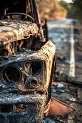 A burnt out car sits on the side of a road, abandoned and damaged