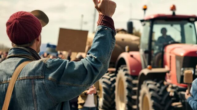 Farmer protest: video capturing tractors on strike, raised fists, and megaphones, symbolizing farmer activism, rural resistance, and agricultural rights in response to political changes.