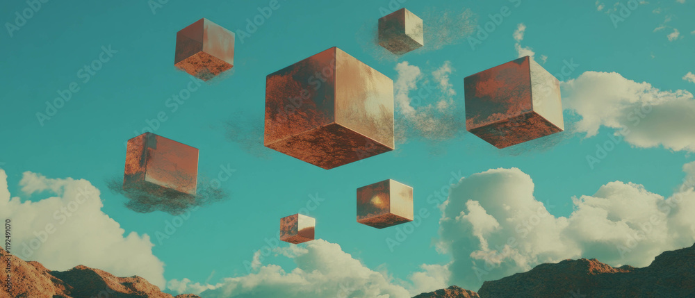 Poster surreal floating cubes defying gravity in a dreamlike landscape with clouds
