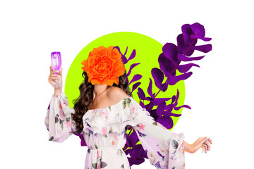 Trend artwork photo collage of young faceless lady incognito hold glass drink celebrate international woman day eucalyptus flower plant