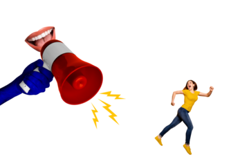 Trend artwork sketch image photo collage of young active lady run away suffer from huge hand hold loudspeaker bodyless mouth talk speak