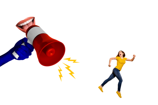 Trend artwork sketch image photo collage of young active lady run away suffer from huge hand hold loudspeaker bodyless mouth talk speak - Powered by Adobe