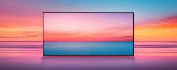 Fototapeta premium A serene landscape featuring a vibrant sunset gradient reflected on calm waters, framed by a sleek rectangle, evoking tranquility and beauty.