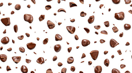 Obraz premium Floating Chocolate Chips: A Delicious Background Image of Brown Chocolate Pieces Falling on White. Perfect for Food Blogs, Packaging, and Culinary Designs.
