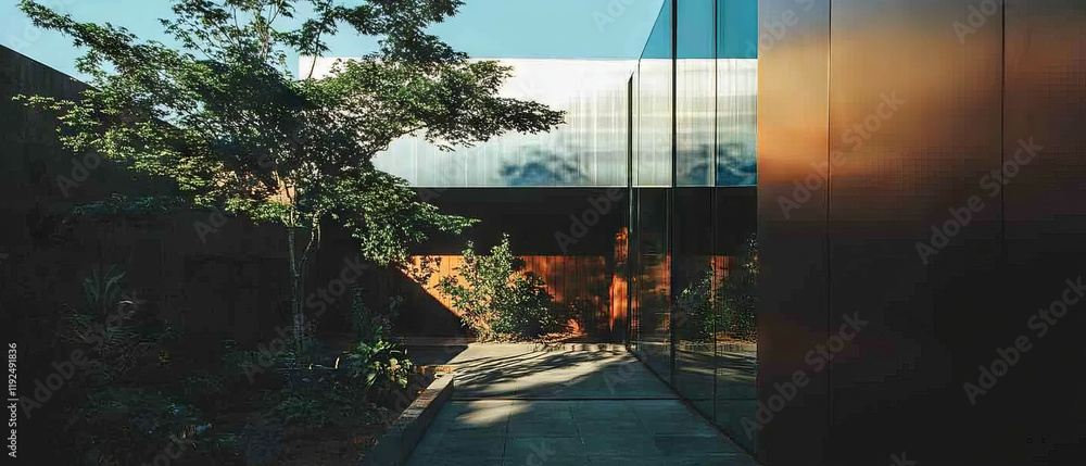 Poster Textured aluminum architecture with subtle patterns in a serene outdoor setting