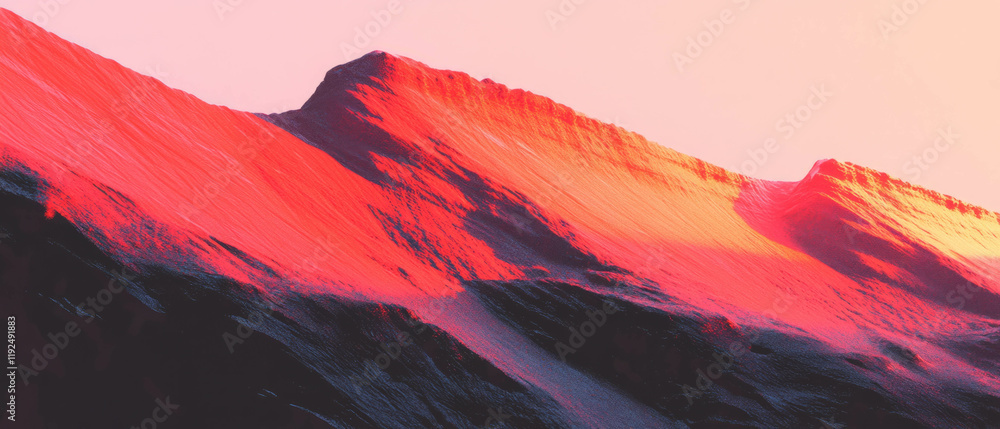 Poster textured surfaces and gradients create an abstract minimalist mountain landscape at sunset