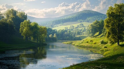 Fototapeta premium Scenic landscape with green hills, a calm lake, and birds flying in a clear blue sky during daylight hours