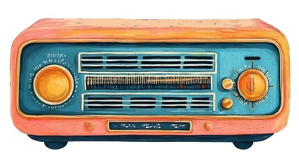 Fototapeta premium Vintage illustration of a retro teal and peach colored radio with gold detailing.