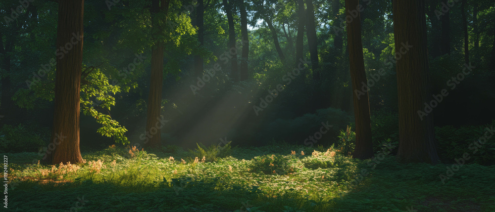 Poster Sunlight filtering through trees creates a peaceful atmosphere in the serene forest
