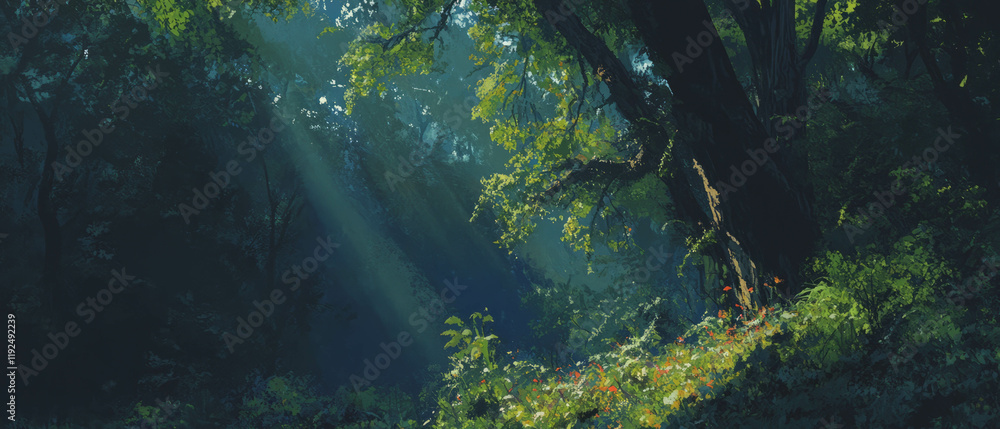 Poster Sunlight filters through a tranquil forest canopy, creating a peaceful atmosphere