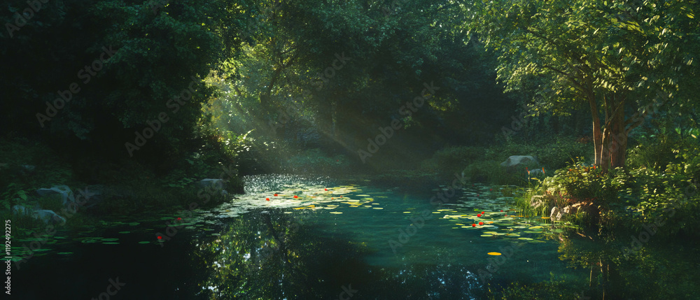 Poster sunlight filters through leaves in a tranquil forest oasis surrounded by serene waters