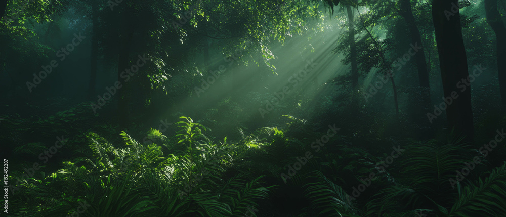 Poster sunlight filters through leaves in a serene forest atmosphere at dawn