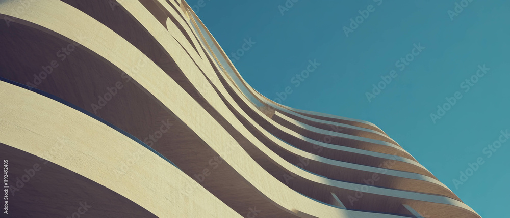 Poster innovative architectural design with dynamic curves and twisted forms under clear sky