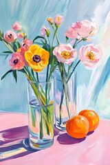Vases with colorful flowers on a pink tablecloth, alongside fresh oranges, brightening up a modern kitchen or dining area with vibrant decor.